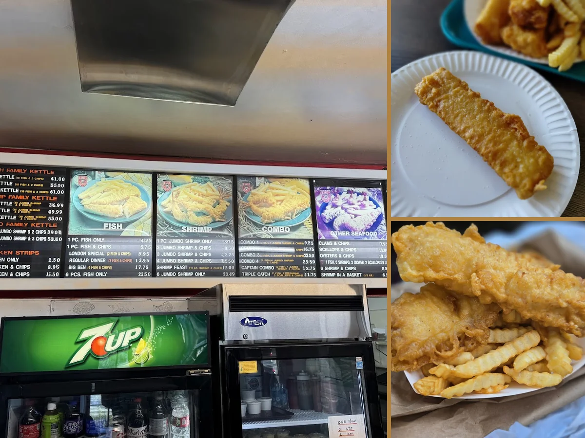 Golden fish and chips on a simple tray.