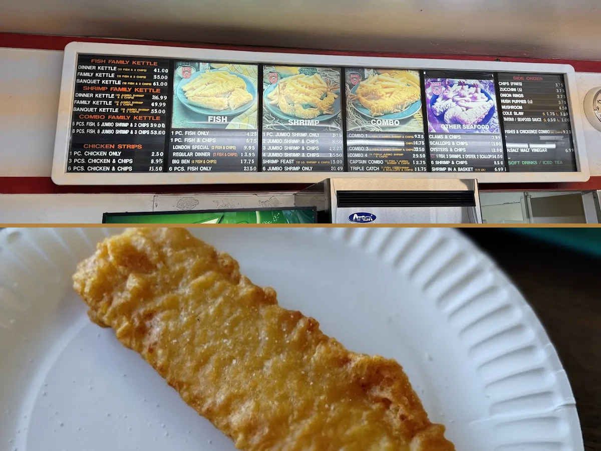 Crispy fried seafood beside thick-cut chips.