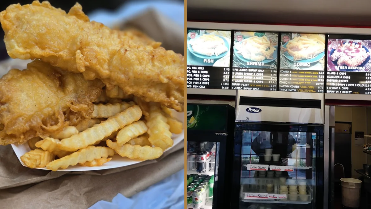 Counter-service meal with fried fish and shrimp.